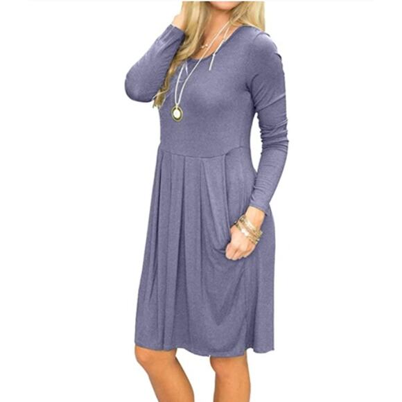 AUSELILY Women's Long Sleeve Pleated Loose Swing Casual Comfy Dress W/Pockets S - Picture 1 of 8